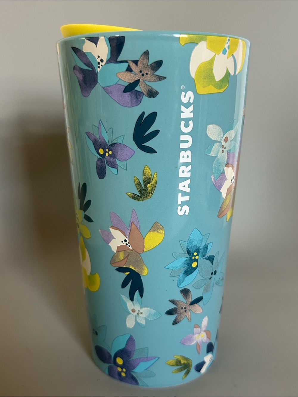 STARBUCKS BLUE FLOWER YELLOW LID TUMBLER SIREN‎ LOGO 12oz Ceramic Tall 2023